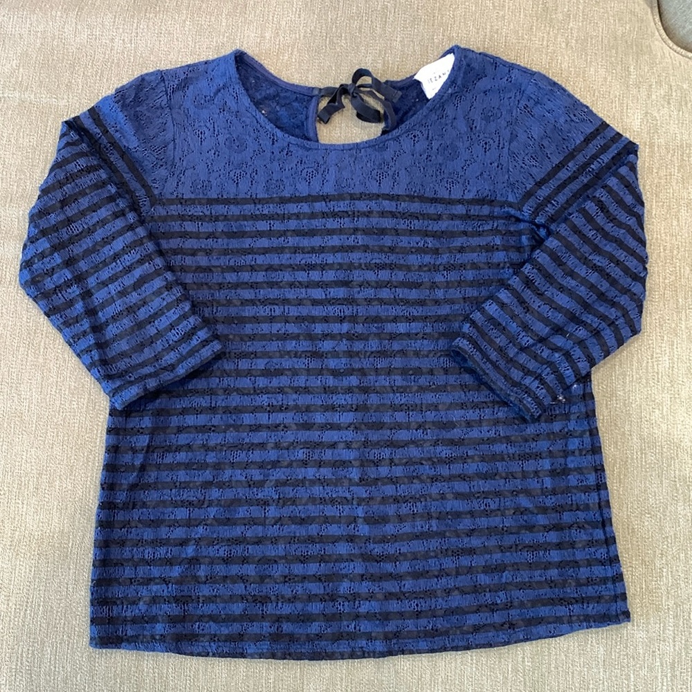 Sezane Navy Blue Cotton Sheer Lace PolkStripe Keyhole Top 34/2/S